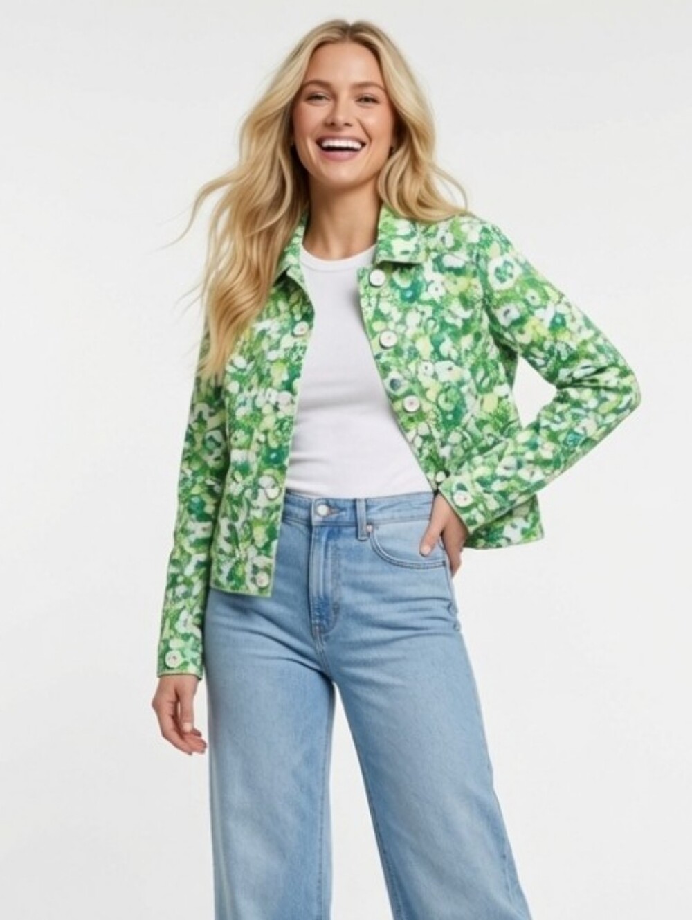 Liz Claiborne Green Floral Cotton Denim Jacket (Size:12)